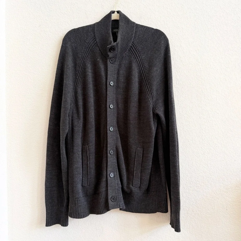 Banana Republic Mens Organic Cotton Cardigan Sweater Charcoal Gray Large